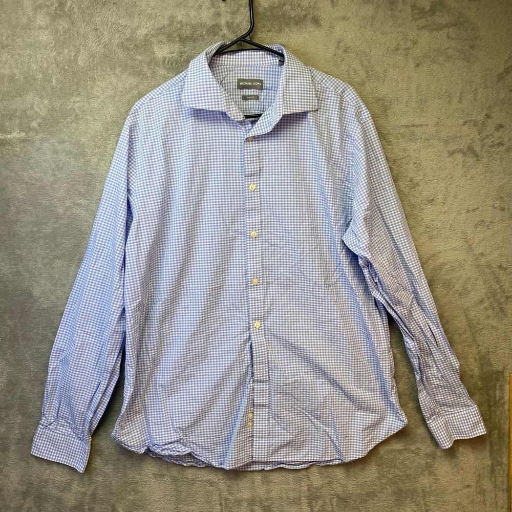 Michael Kors Mens Blue Gingham Dobby Slim Fit Button Down Shirt Size 17 34/35 XL